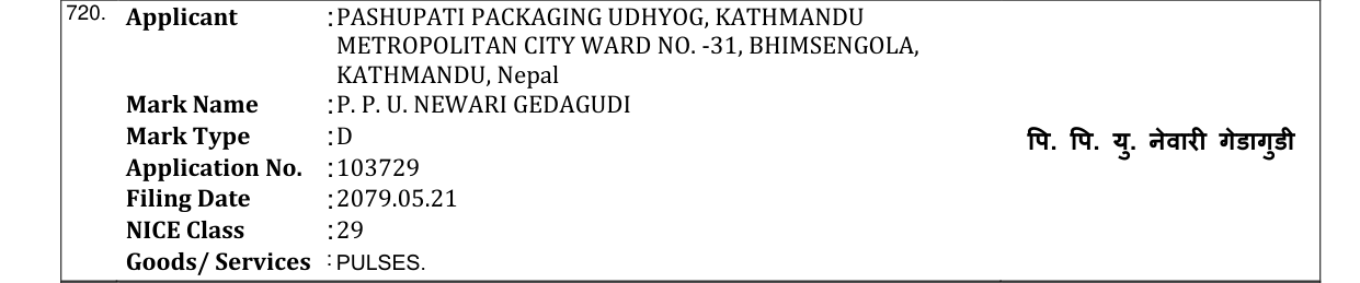 Original bulletin entry for P. P. U. NEWARI GEDAGUDI