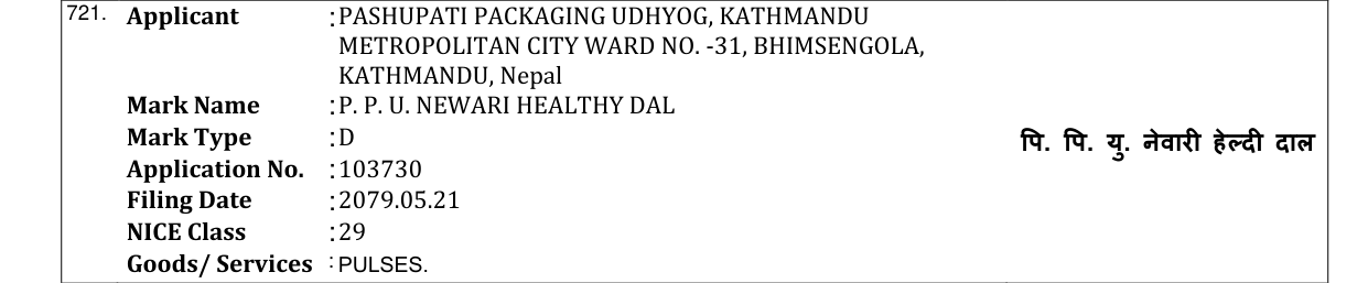 Original bulletin entry for P. P. U. NEWARI HEALTHY DAL