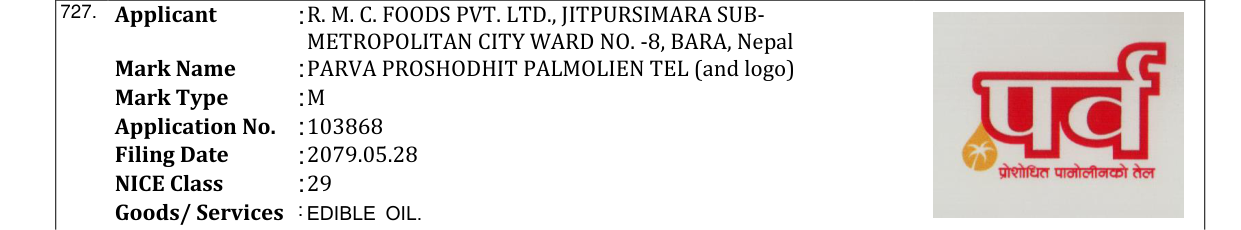 Original bulletin entry for PARVA PROSHODHIT PALMOLIEN TEL (and logo)