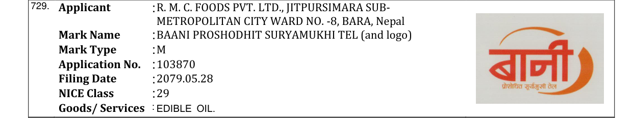 Original bulletin entry for BAANI PROSHODHIT SURYAMUKHI TEL (and logo)