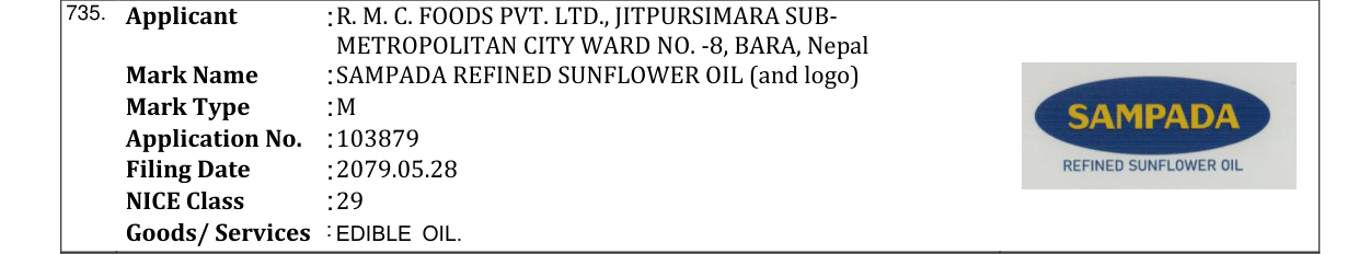 Original bulletin entry for SAMPADA REFINED SUNFLOWER OIL (and logo)