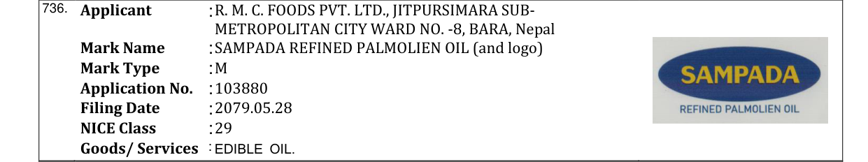 Original bulletin entry for SAMPADA REFINED PALMOLIEN OIL (and logo)
