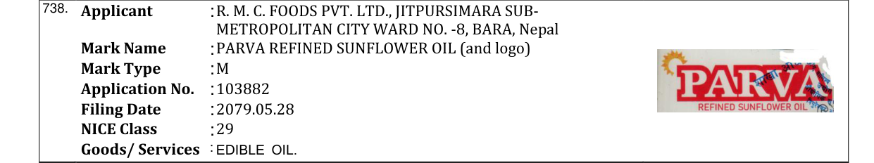 Original bulletin entry for PARVA REFINED SUNFLOWER OIL (and logo)