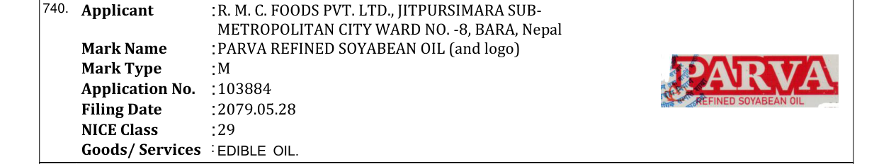 Original bulletin entry for PARVA REFINED SOYABEAN OIL (and logo)