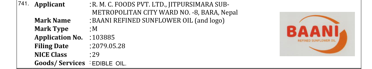 Original bulletin entry for BAANI REFINED SUNFLOWER OIL (and logo)