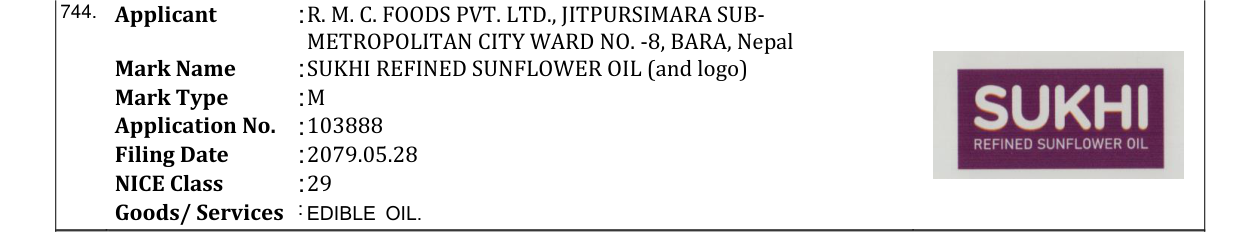 Original bulletin entry for SUKHI REFINED SUNFLOWER OIL (and logo)