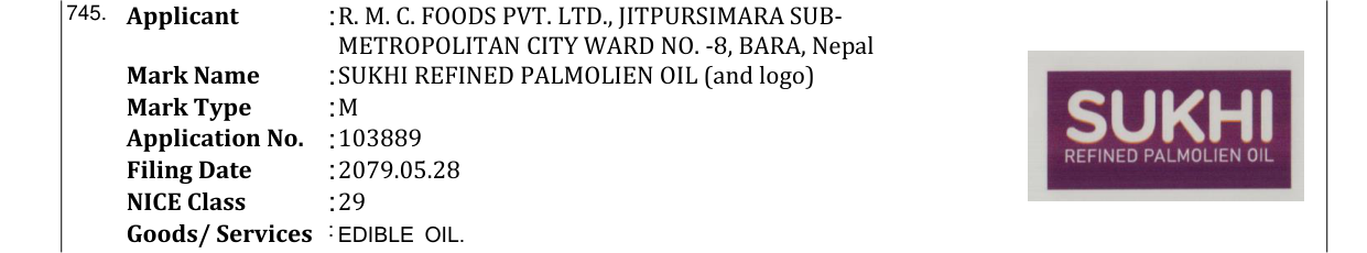 Original bulletin entry for SUKHI REFINED PALMOLIEN OIL (and logo)