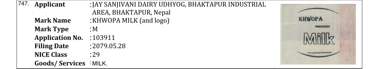 Original bulletin entry for KHWOPA MILK (and logo)