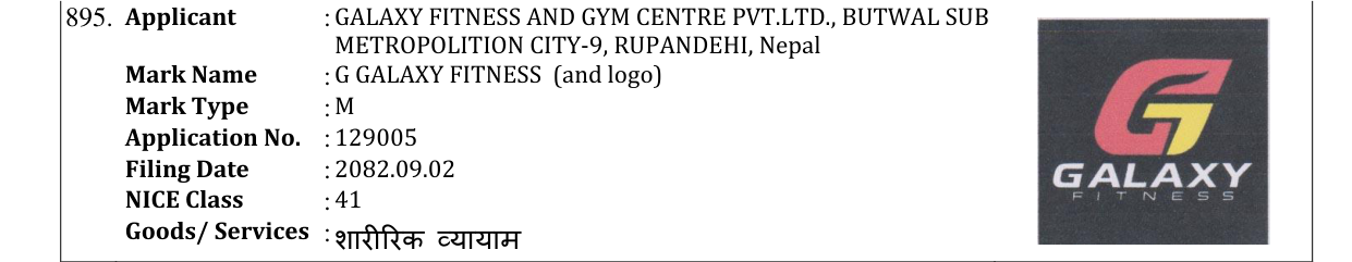 Original bulletin entry for G GALAXY FITNESS (and logo)