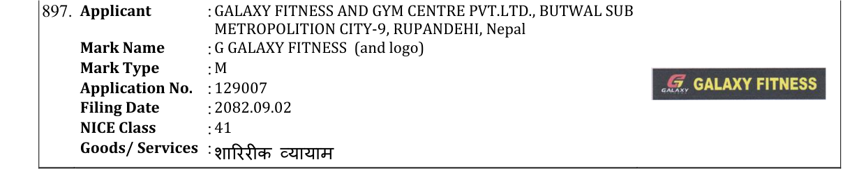 Original bulletin entry for G GALAXY FITNESS (and logo)