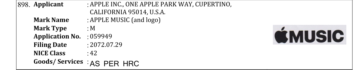 Original bulletin entry for APPLE MUSIC (and logo)