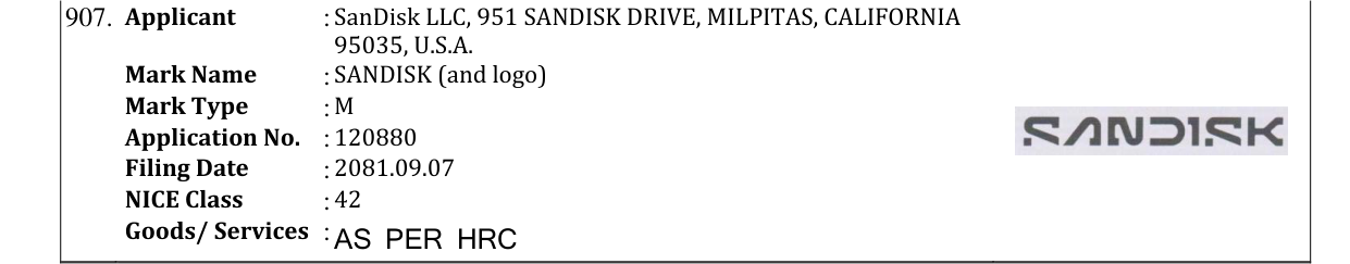 Original bulletin entry for SANDISK (and logo)