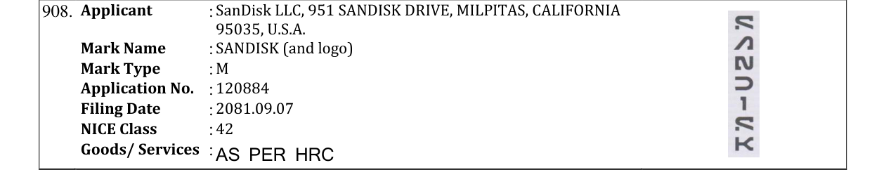 Original bulletin entry for SANDISK (and logo)