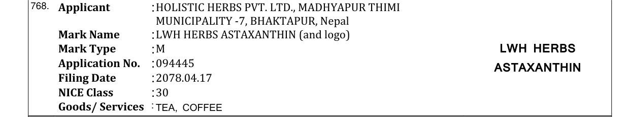 Original bulletin entry for LWH HERBS ASTAXANTHIN (and logo)