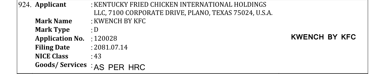 Original bulletin entry for KWENCH BY KFC