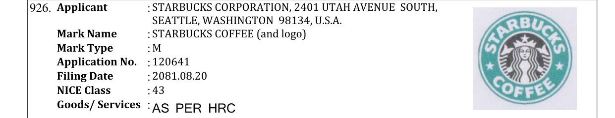 Original bulletin entry for STARBUCKS COFFEE (and logo)