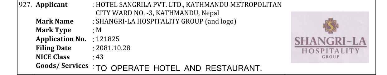 Original bulletin entry for SHANGRI-LA HOSPITALITY GROUP (and logo)
