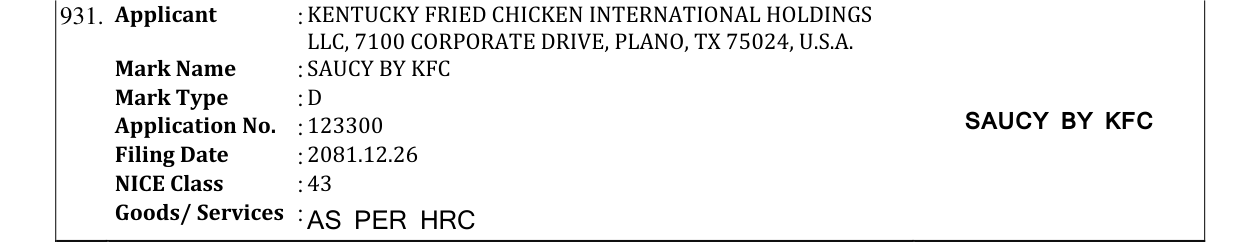 Original bulletin entry for SAUCY BY KFC
