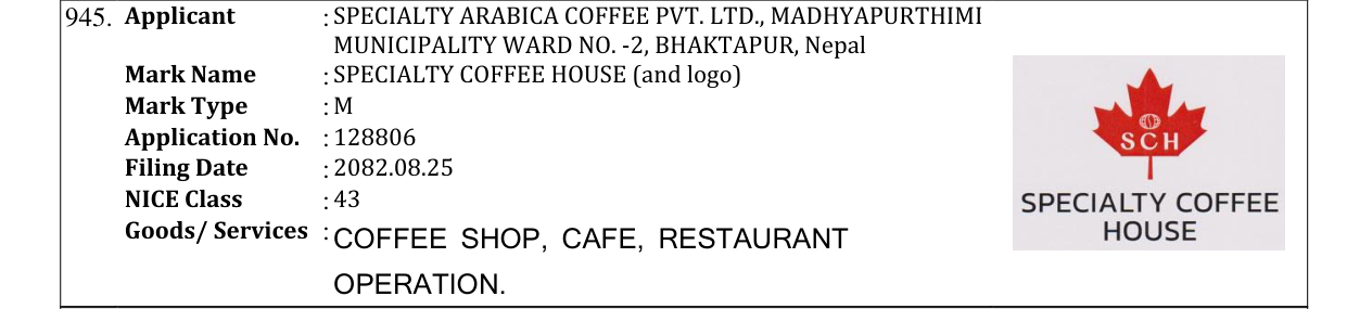 Original bulletin entry for SPECIALTY COFFEE HOUSE (and logo)