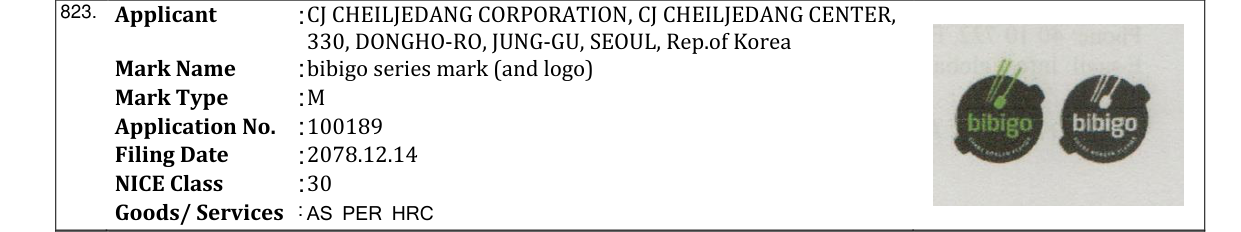 Original bulletin entry for bibigo series mark (and logo)