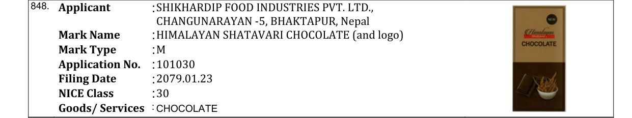 Original bulletin entry for HIMALAYAN SHATAVARI CHOCOLATE (and logo)
