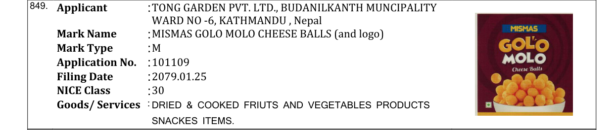 Original bulletin entry for MISMAS GOLO MOLO CHEESE BALLS (and logo)