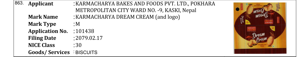 Original bulletin entry for KARMACHARYA DREAM CREAM (and logo)