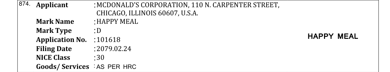 Original bulletin entry for HAPPY MEAL