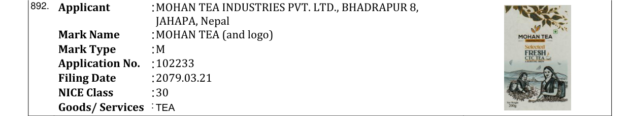 Original bulletin entry for MOHAN TEA (and logo)