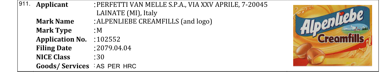 Original bulletin entry for ALPENLIEBE CREAMFILLS (and logo)