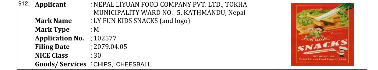 Original bulletin entry for LY FUN KIDS SNACKS (and logo)