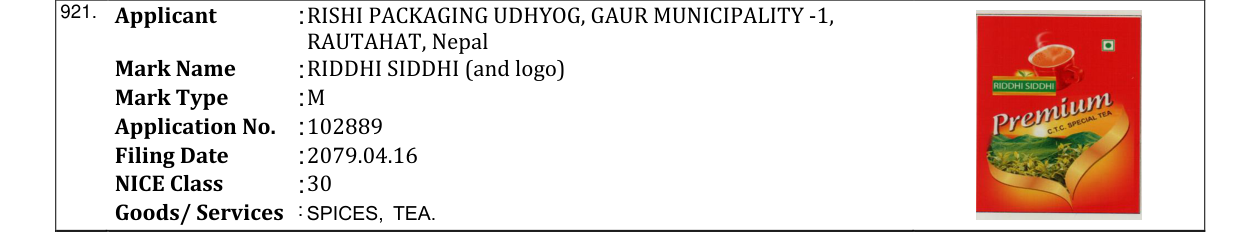 Original bulletin entry for RIDDHI SIDDHI (and logo)