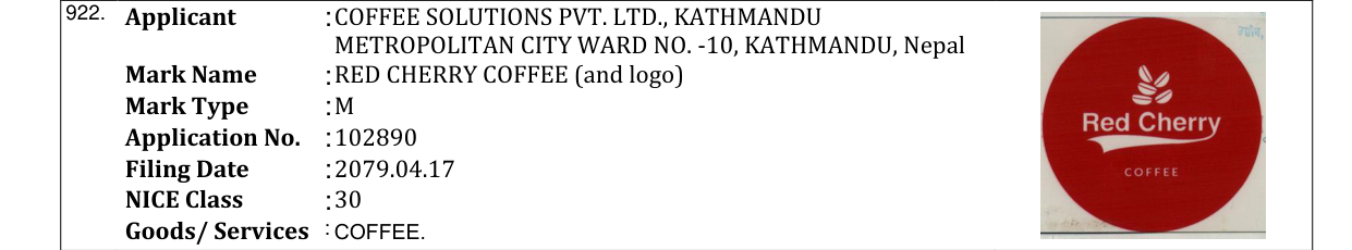 Original bulletin entry for RED CHERRY COFFEE (and logo)