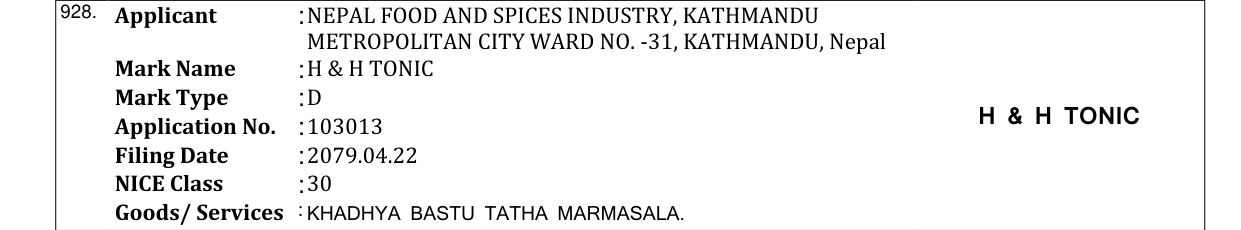 Original bulletin entry for H & H TONIC