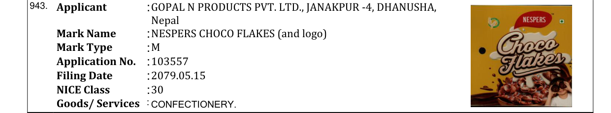 Original bulletin entry for NESPERS CHOCO FLAKES (and logo)