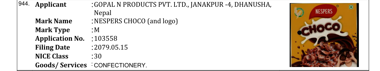 Original bulletin entry for NESPERS CHOCO (and logo)