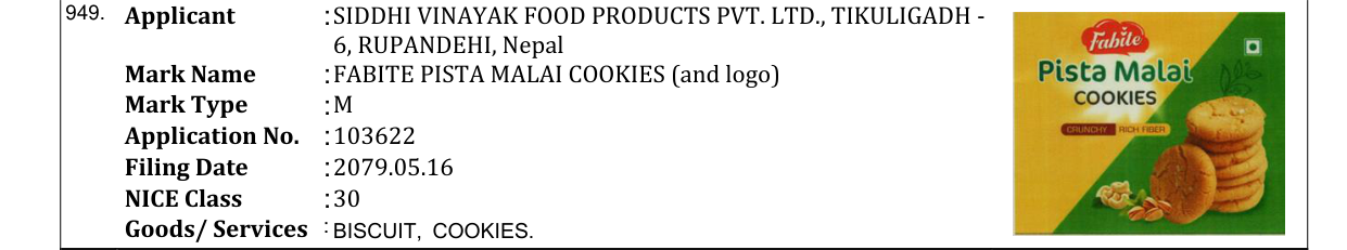 Original bulletin entry for FABITE PISTA MALAI COOKIES (and logo)