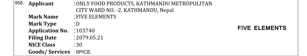 Original bulletin entry for FIVE ELEMENTS