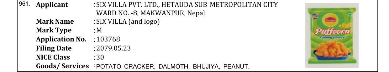 Original bulletin entry for SIX VILLA (and logo)