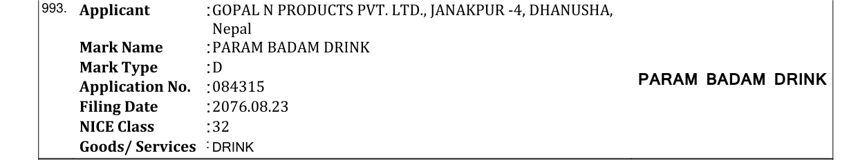 Original bulletin entry for PARAM BADAM DRINK