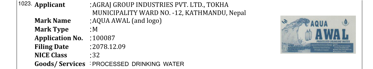 Original bulletin entry for AQUA AWAL (and logo)