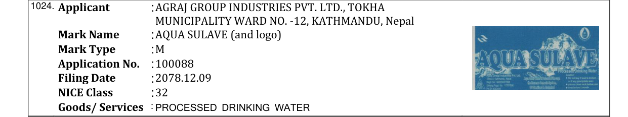 Original bulletin entry for AQUA SULAVE (and logo)