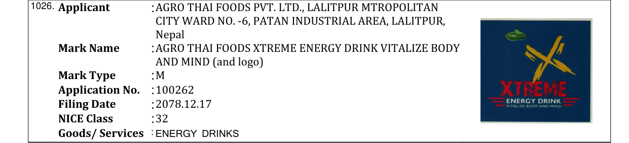 Original bulletin entry for AGRO THAI FOODS XTREME ENERGY DRINK VITALIZE BODY AND MIND (and logo)