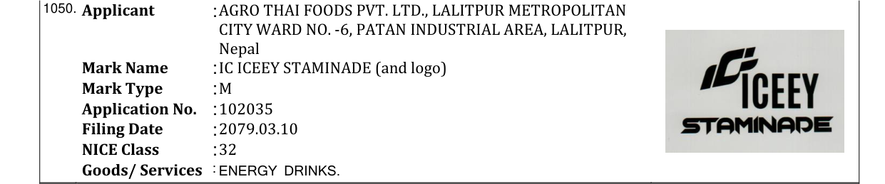 Original bulletin entry for IC ICEEY STAMINADE (and logo)
