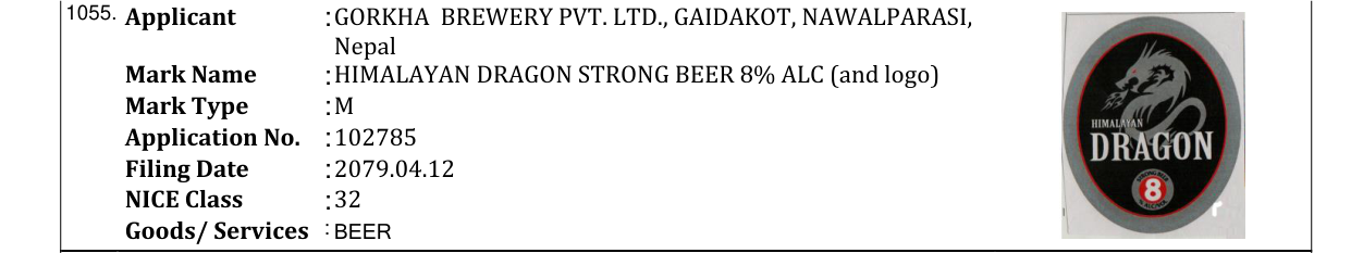 Original bulletin entry for HIMALAYAN DRAGON STRONG BEER 8% ALC (and logo)
