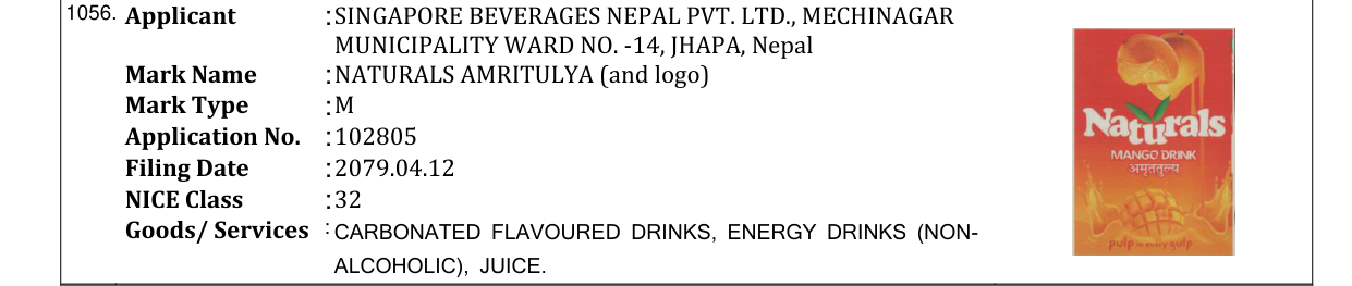 Original bulletin entry for NATURALS AMRITULYA (and logo)