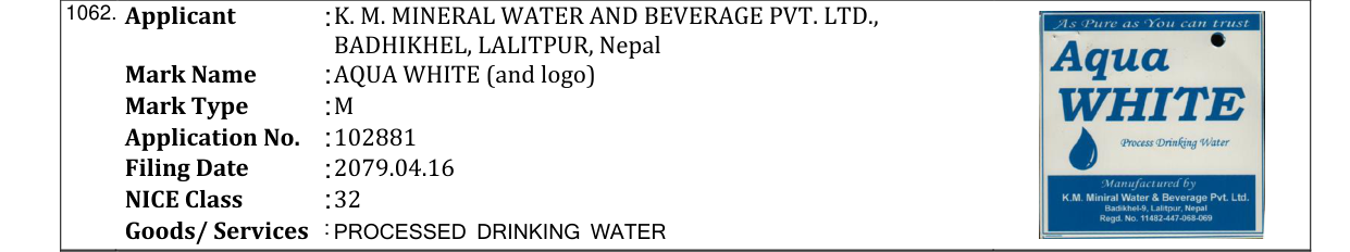 Original bulletin entry for AQUA WHITE (and logo)