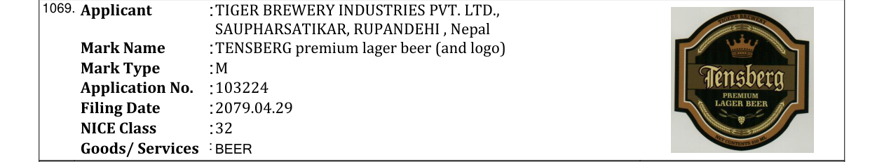 Original bulletin entry for TENSBERG premium lager beer (and logo)