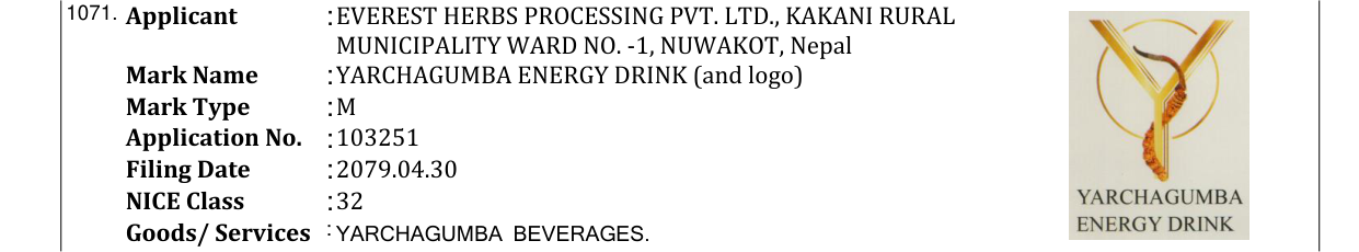 Original bulletin entry for YARCHAGUMBA ENERGY DRINK (and logo)
