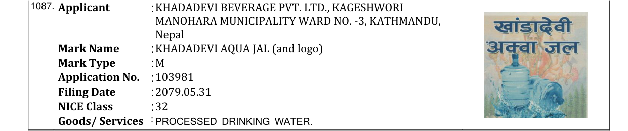 Original bulletin entry for KHADADEVI AQUA JAL (and logo)